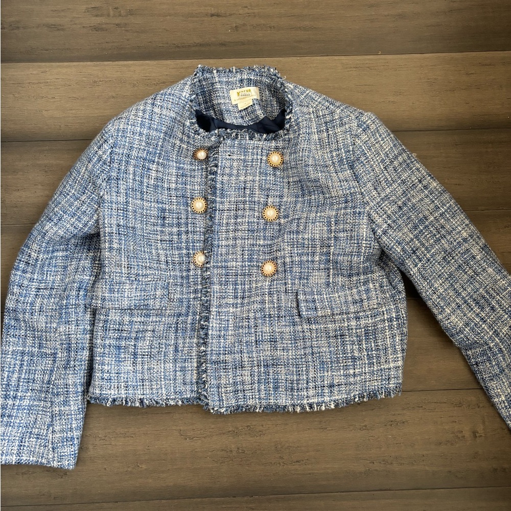Anthropologie Maeve Blue Tweed Fringed Jacket Size 0P